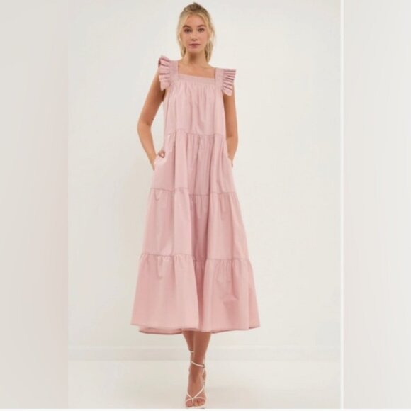 ENGLISH FACTORY Tiered Ruffle Midi Dress in Dusty Pink Size XS - Picture 1 of 16